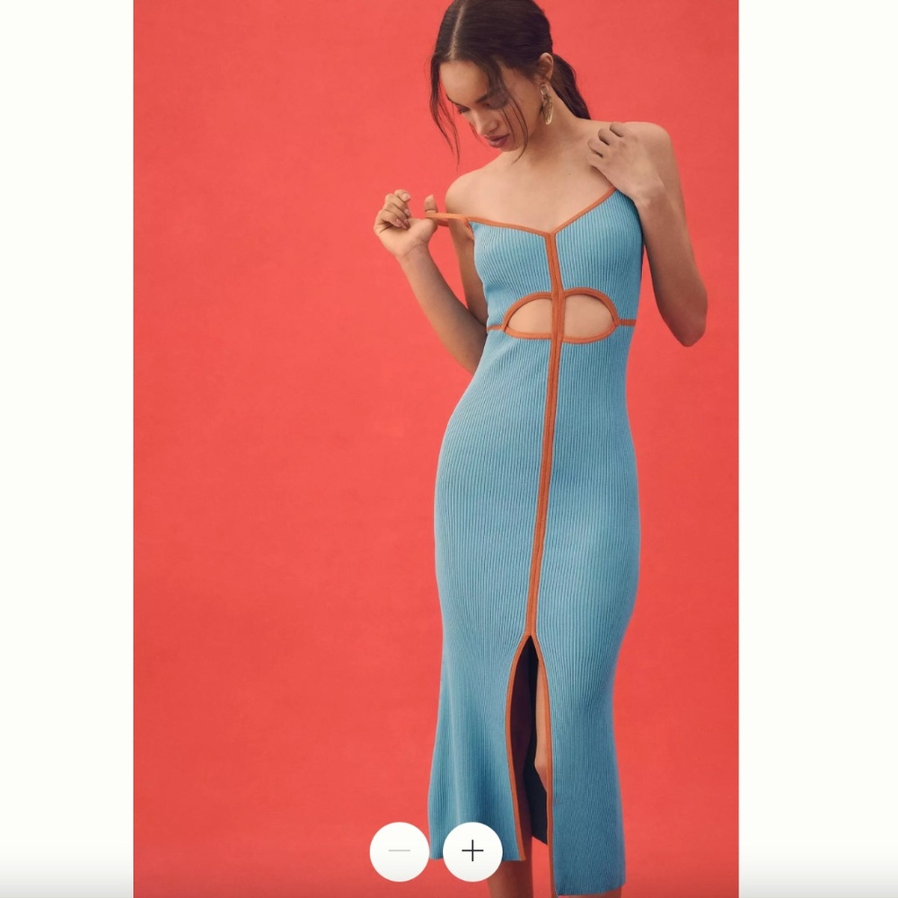 Anthropologie x Siempre the label Blue Ribbed Midi Dress with Orange Trim - NWT